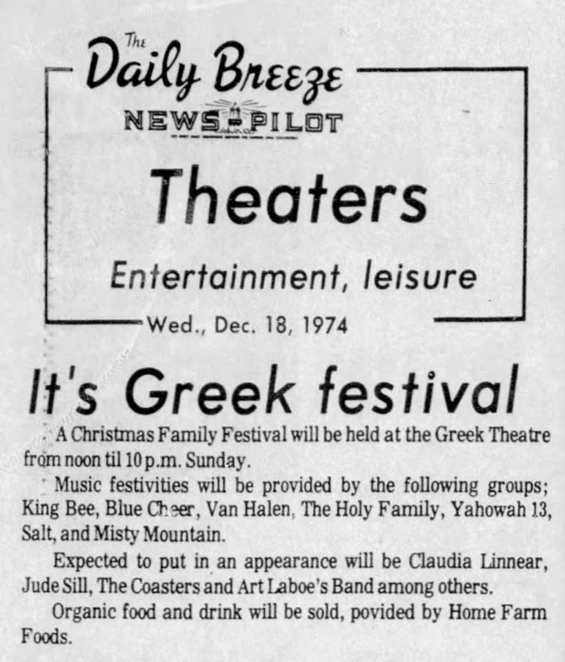 Early Van Halen gig, at the Christmas Family Festival at the Greek Theatre. Dec 1974