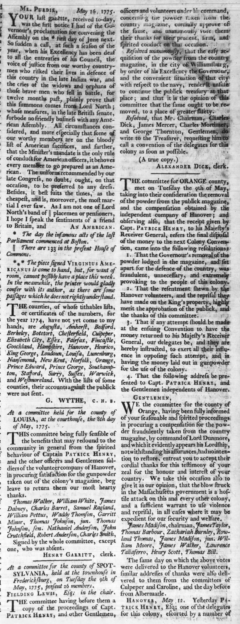Purdie's VA Gazette Williamsburg, VA  19 May 1775