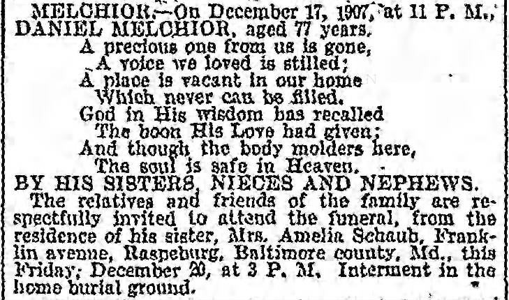 Daniel Melchior obituary 17 Dec 1907