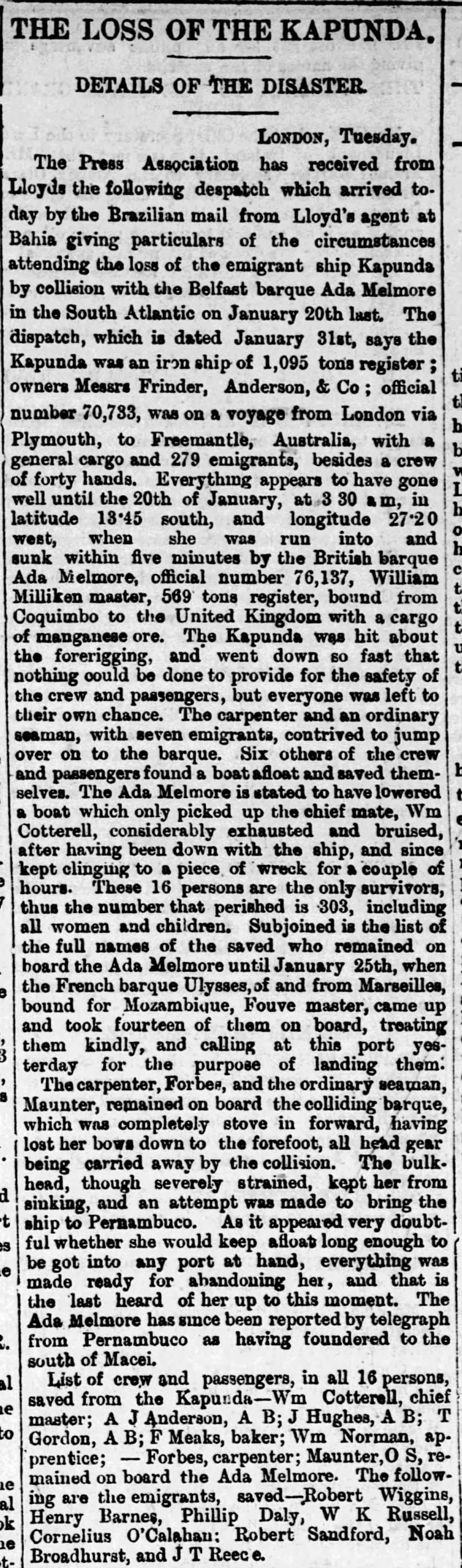 The Loss of the Kapunda: Details of the Disaster