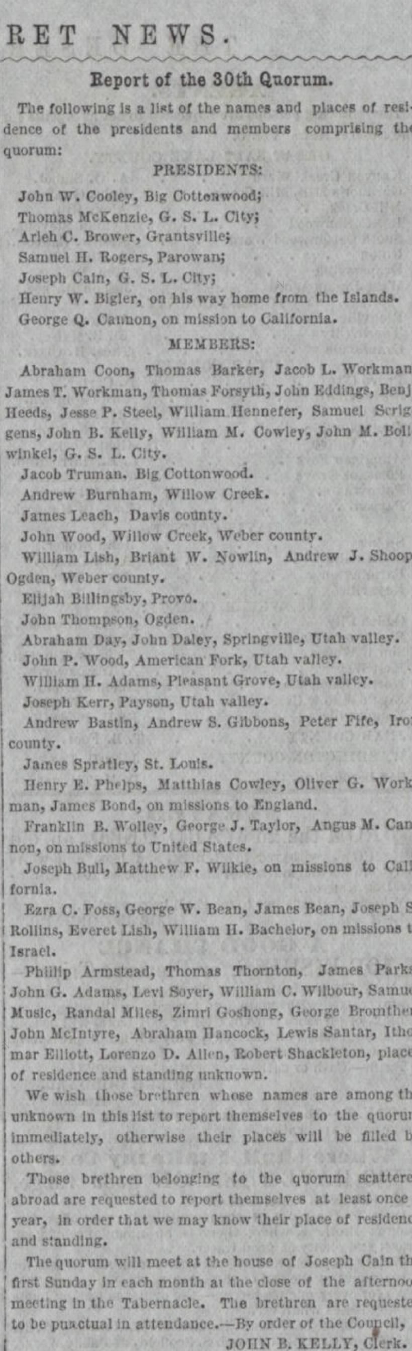 Desert News      27 June 1855 - Report of  the 30th Quorum. Jacob Lindsay Workman & 2 of his sons