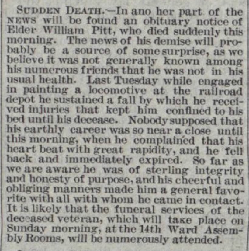 William Pitt Sudden Death- Deseret News (Salt Lake City, Utah 26 Feb. 1873