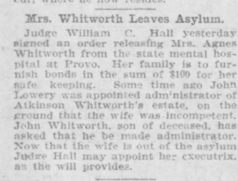 Mrs. Whitworth leaves Asylum 29 Dec 1903