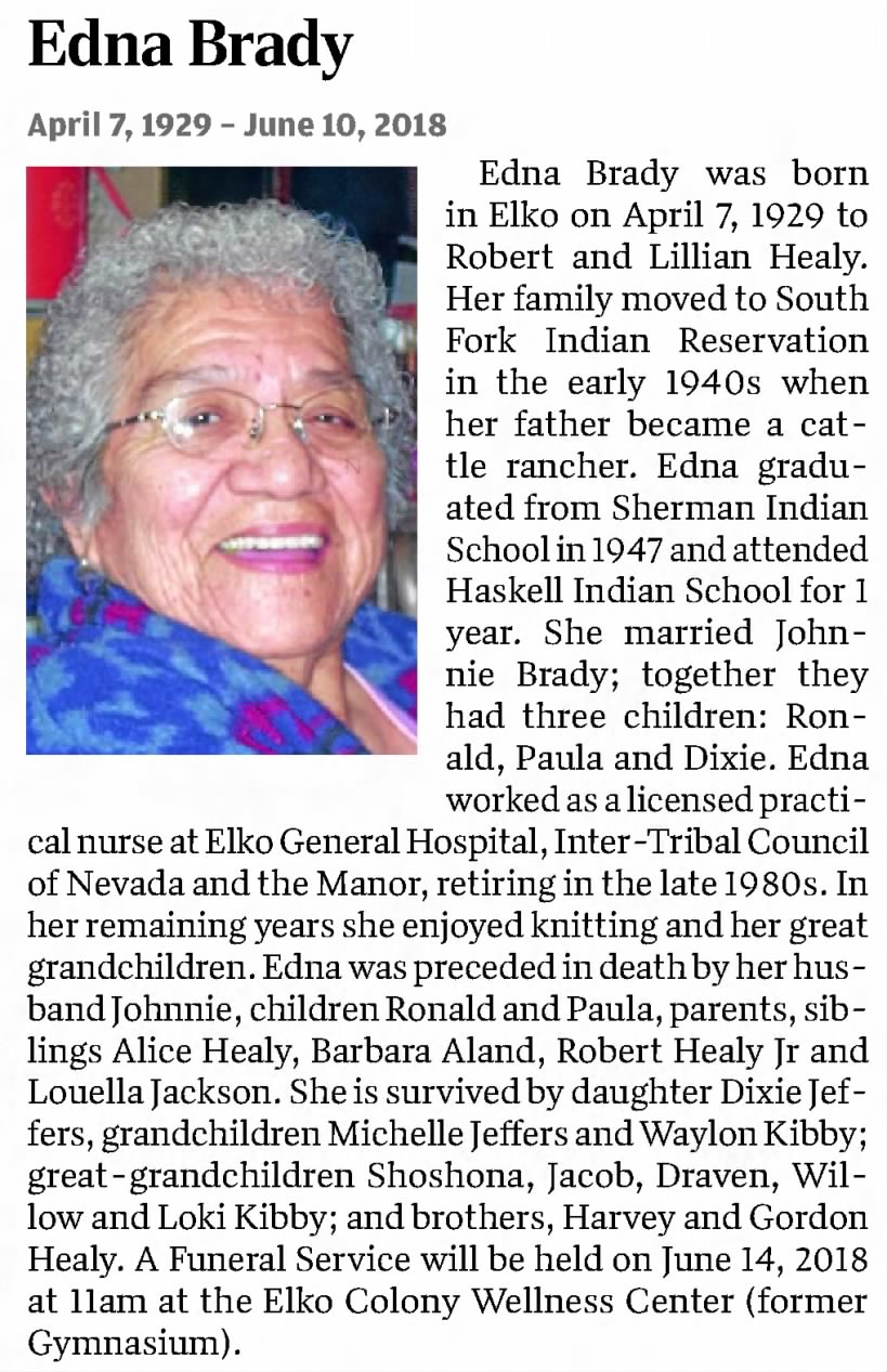 Obituary for Edna Brady, 1929-2018
