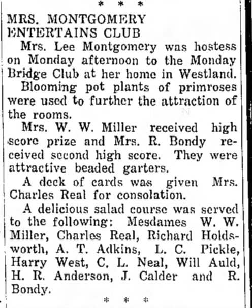 The Kerrville Times (Kerrville, Texas) 9 Apr 1931, Monday Bridge Club, Roberta Bondy