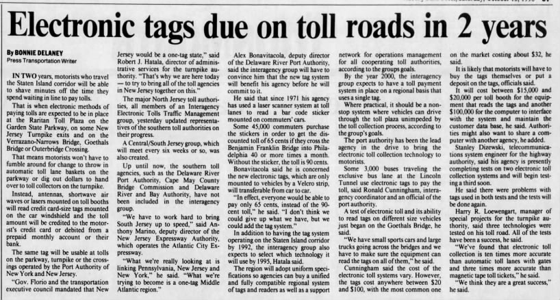 Early article on electronic toll booths