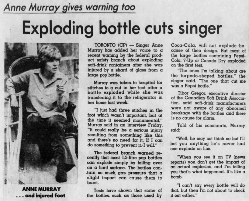 Anne Murray injured by exploding glass pop bottle