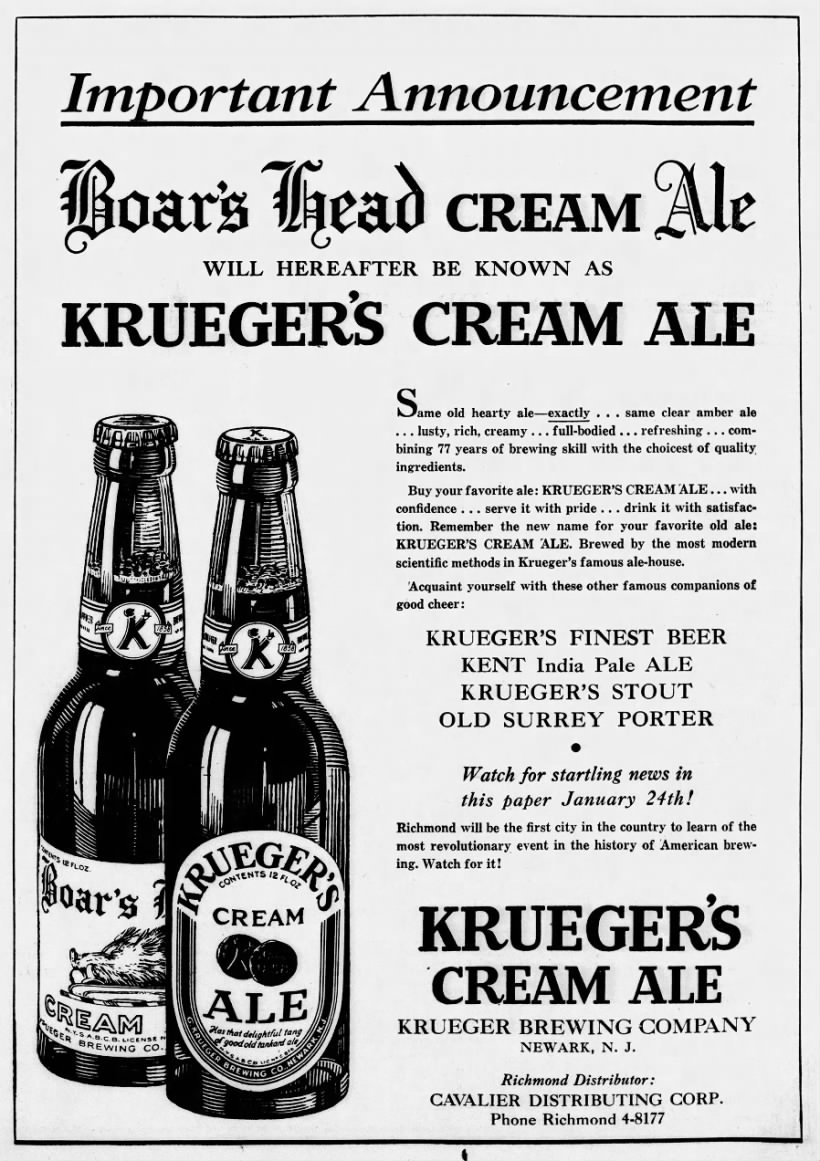 Krueger’s Cream Ale ad previewing first beer can