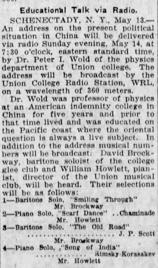 One of the first educational broadcasts on radio (Union College)