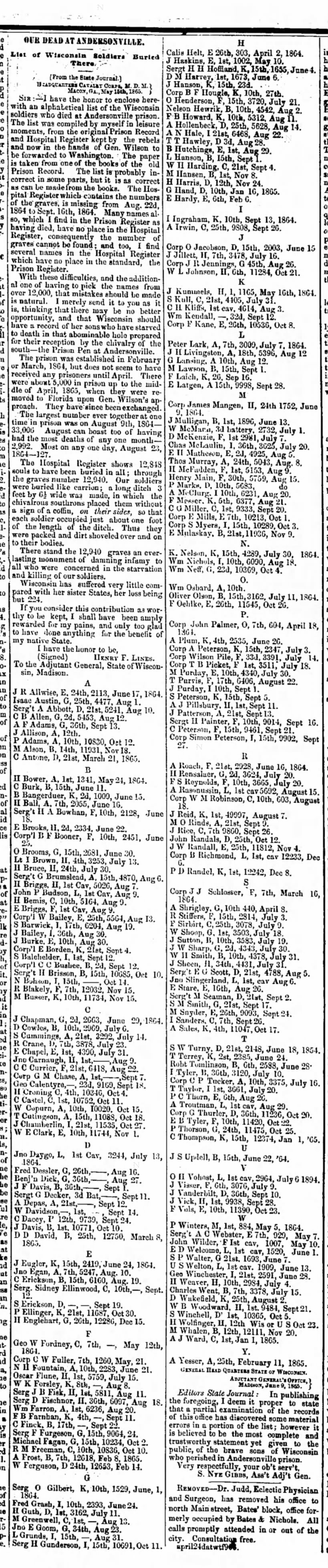 Wisconsin Soldiers Buried at Andersonville, first report