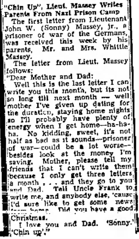 Chin Up Lieut Massey Writes Parents From Nazi Prison Camp