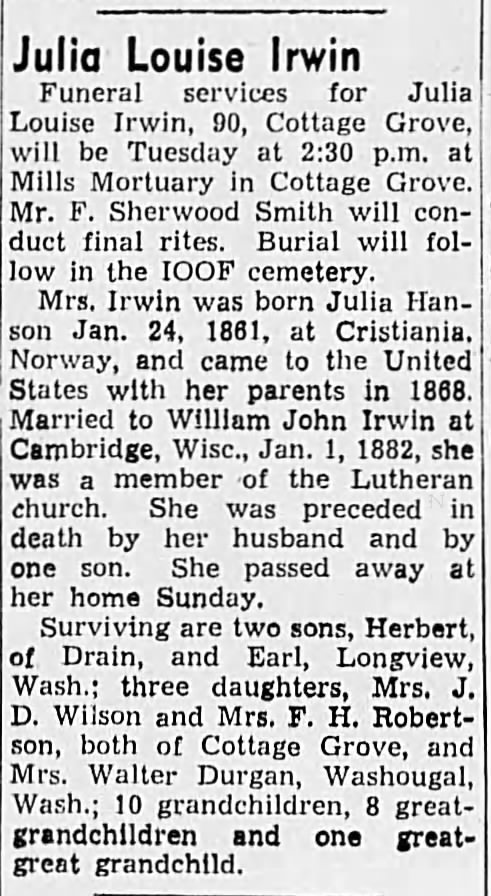 Julia Louise (Hanson) Irwin (1861-1951) obituary