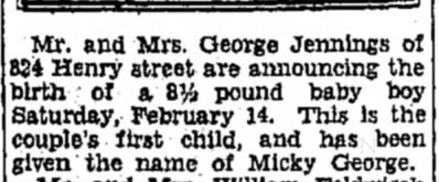 Michael Jennings birth announcement - Feb. 1931