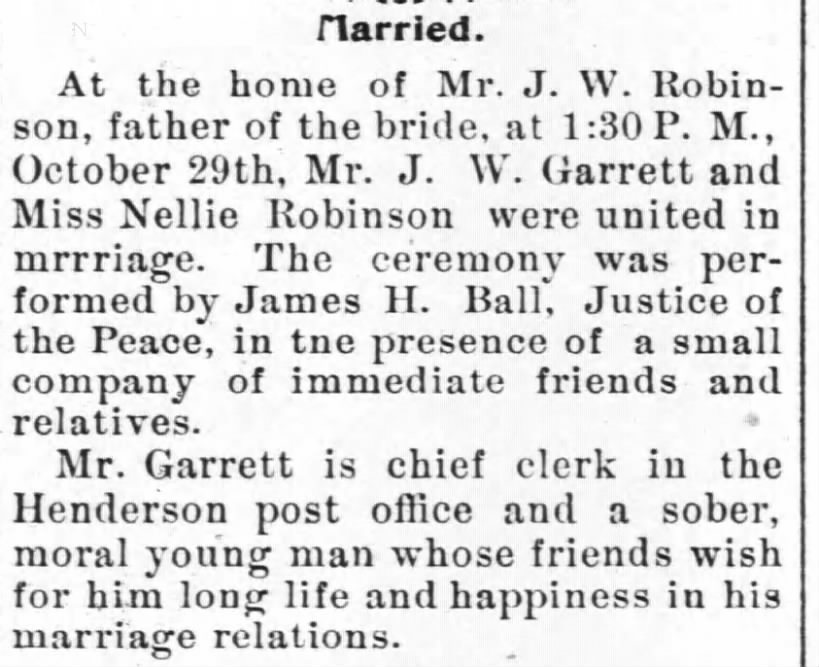 Wedding of J W Garrett and Nellie robinson