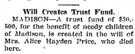 Alice Hayden Price Leaves $30,500 Trust for Needy Children - 1926