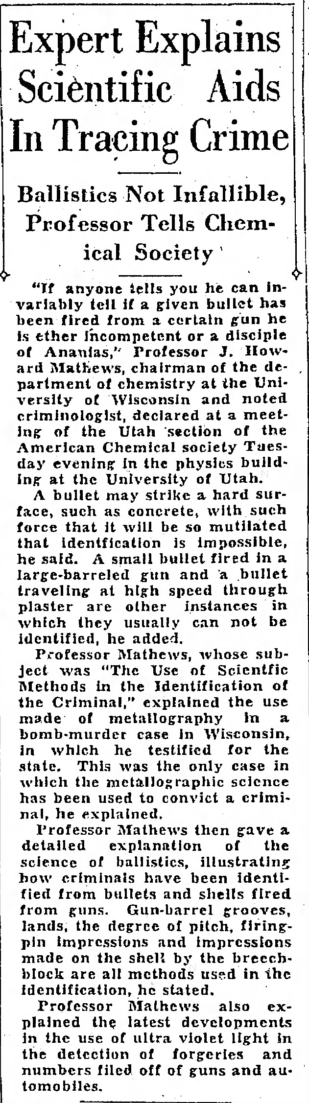 Wisconsin Professor Details Scientific Aids in Solving Crime - 1935