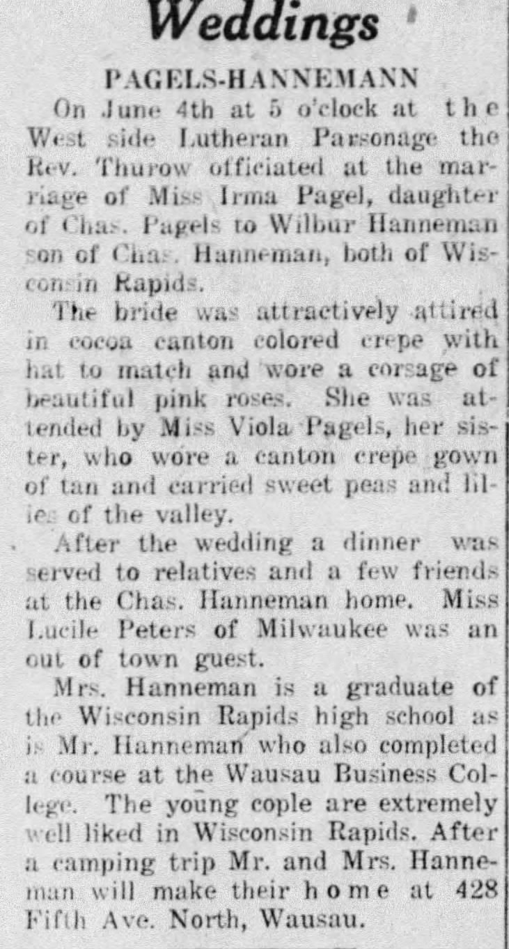 Wilbert Hanneman Wedding 1923