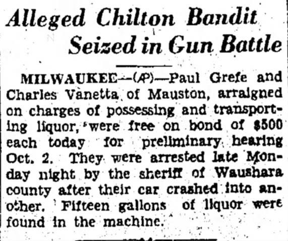 Two Mauston Men Arrested in Waushara County for Bootlegging - 1929