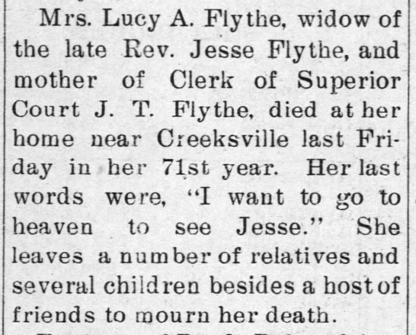 Report of Mrs. Lucy A. Flythe Death from 11 Nov. 1897 issue of The Patron and Gleaner, Lasker, NC