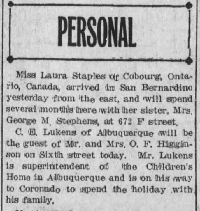 C E Lukens to Coronado for Christmas 1914