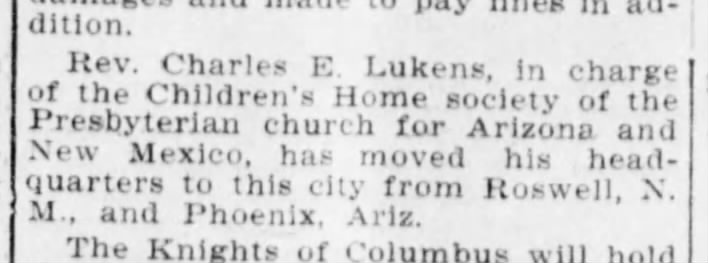 Children's Home Society Headquarters Moved to Albuquerque - June 1907