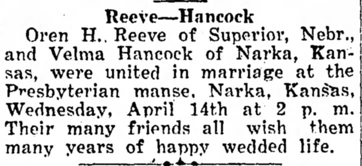 Oren H Reeve and Velma Hancock Marriage Announcement