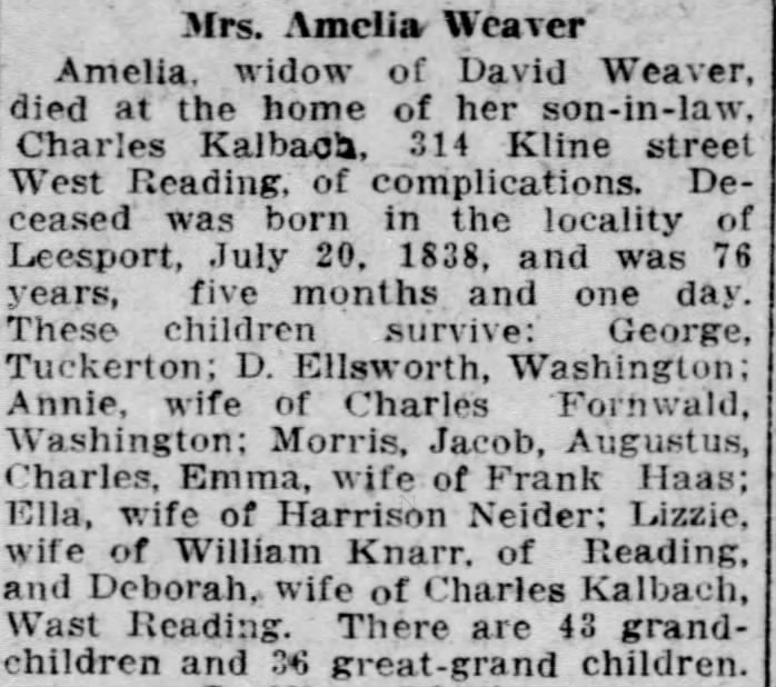 Amelia Menard Weaver obituary, Reading Times 23 Jan 1915 edition, page 11.