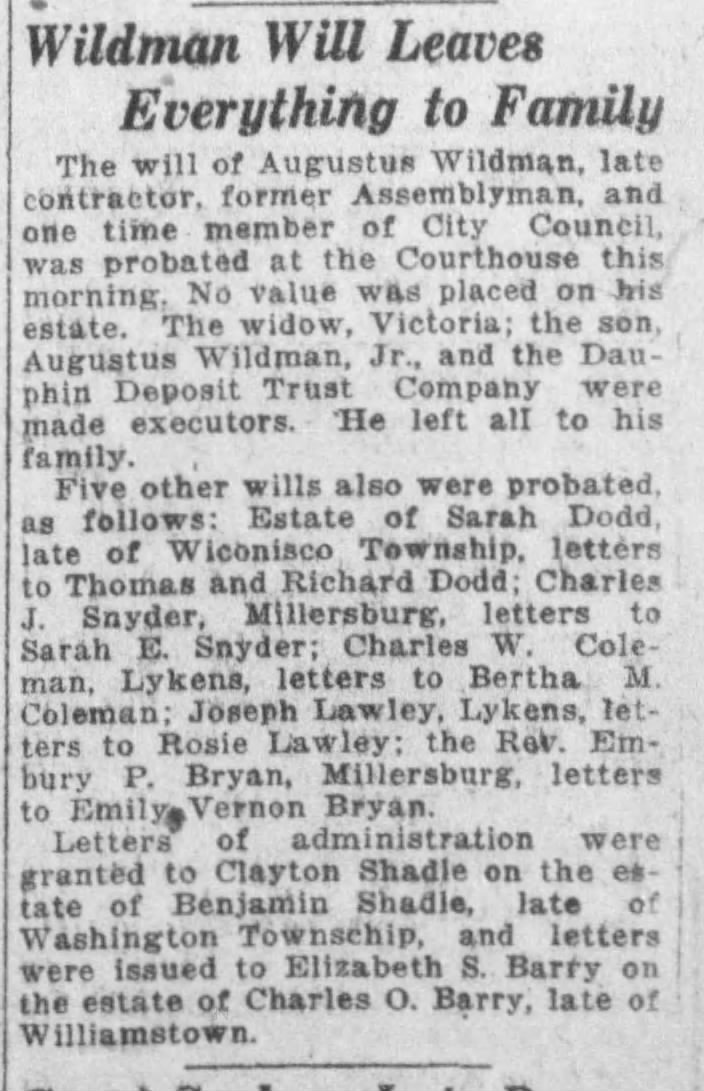 Charles J Snyder will probated. March 13, 1919