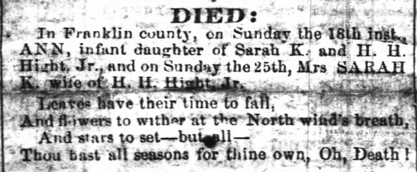 Died (31 Mar 1860, The Raleigh Register, Raleigh, NC)