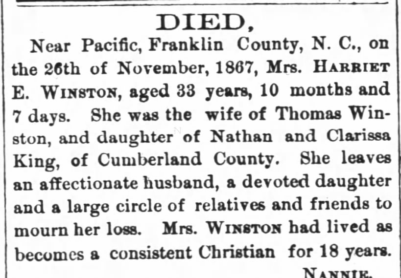 Harriett King Winston Death (3 Dec 1867, The Raleigh Register, Raleigh, NC)