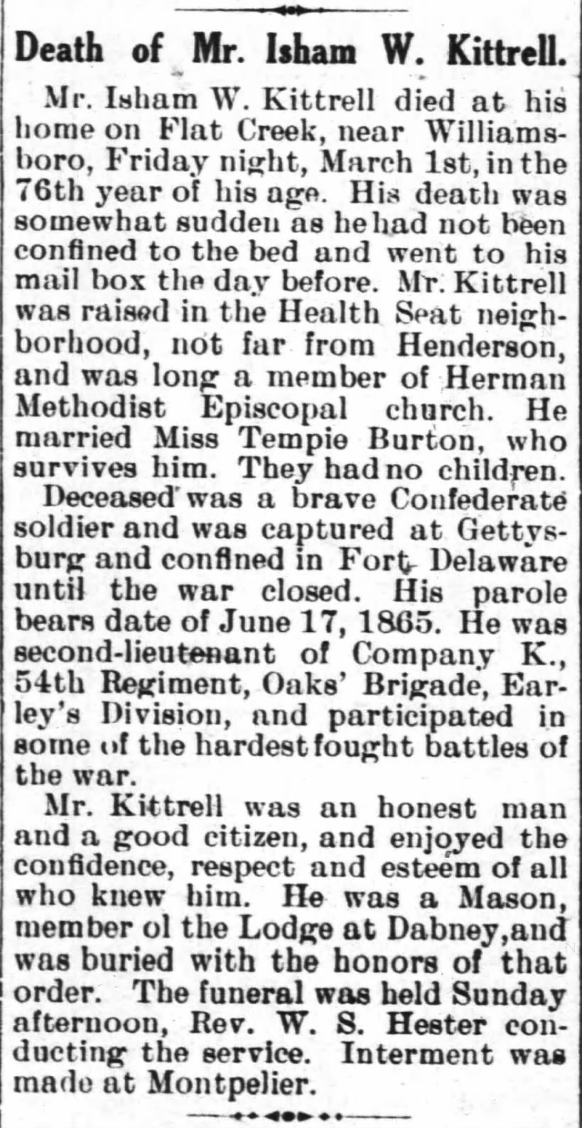 Death of Isham W. Kittrell (7 Mar 1907 Henderson Gold Leaf)