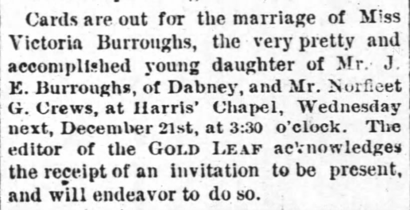 Victoria Burroughs & Norfleet Crews Marriage (15 Dec 1887 Henderson Gold Leaf)