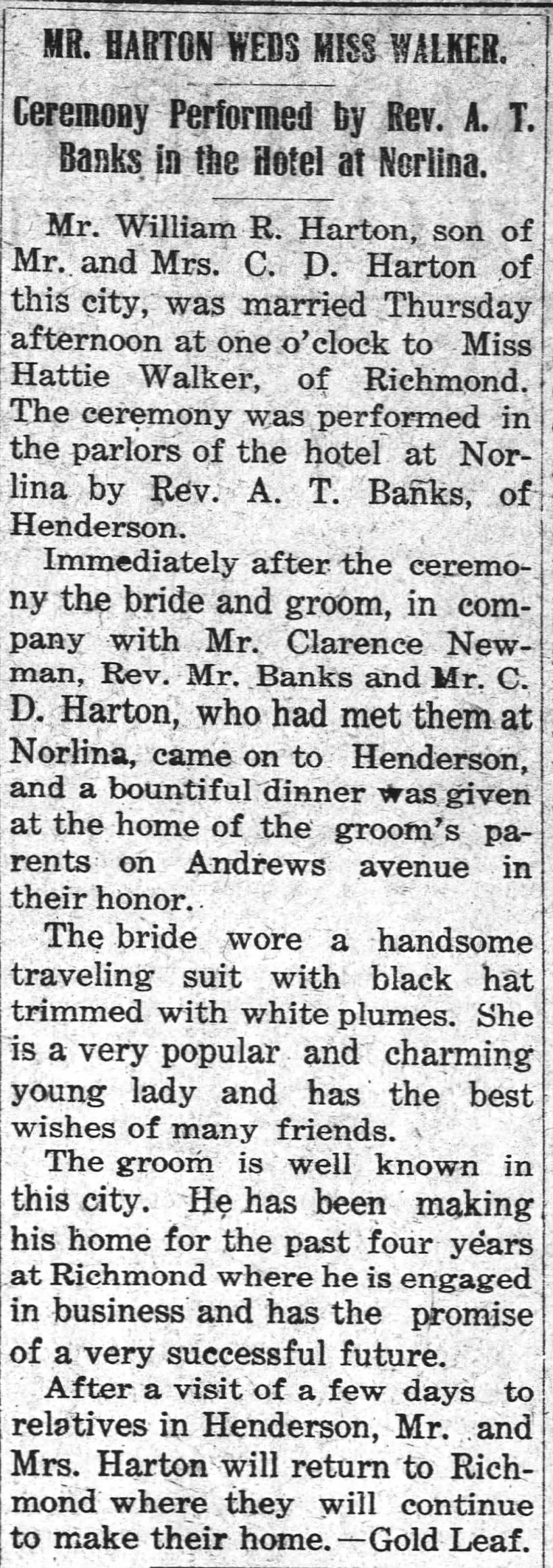 Harton-Walker Wedding (4 Dec 1914, The Norlina Headlight, Norlina, NC)