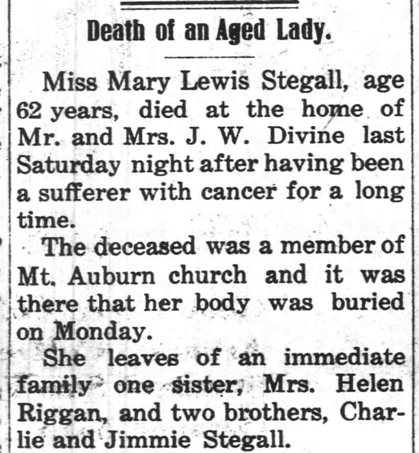 Mary Lewis Stegall Death (8 Jan 1915, The Norlina Headlight, Norlina, NC)