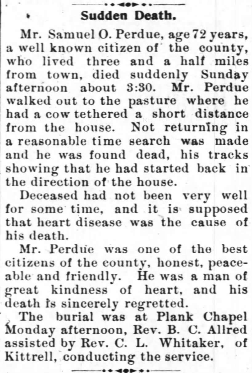 Samuel O. Pardue Death (31 Mar 1898, Henderson Gold Leaf, Henderson, NC)