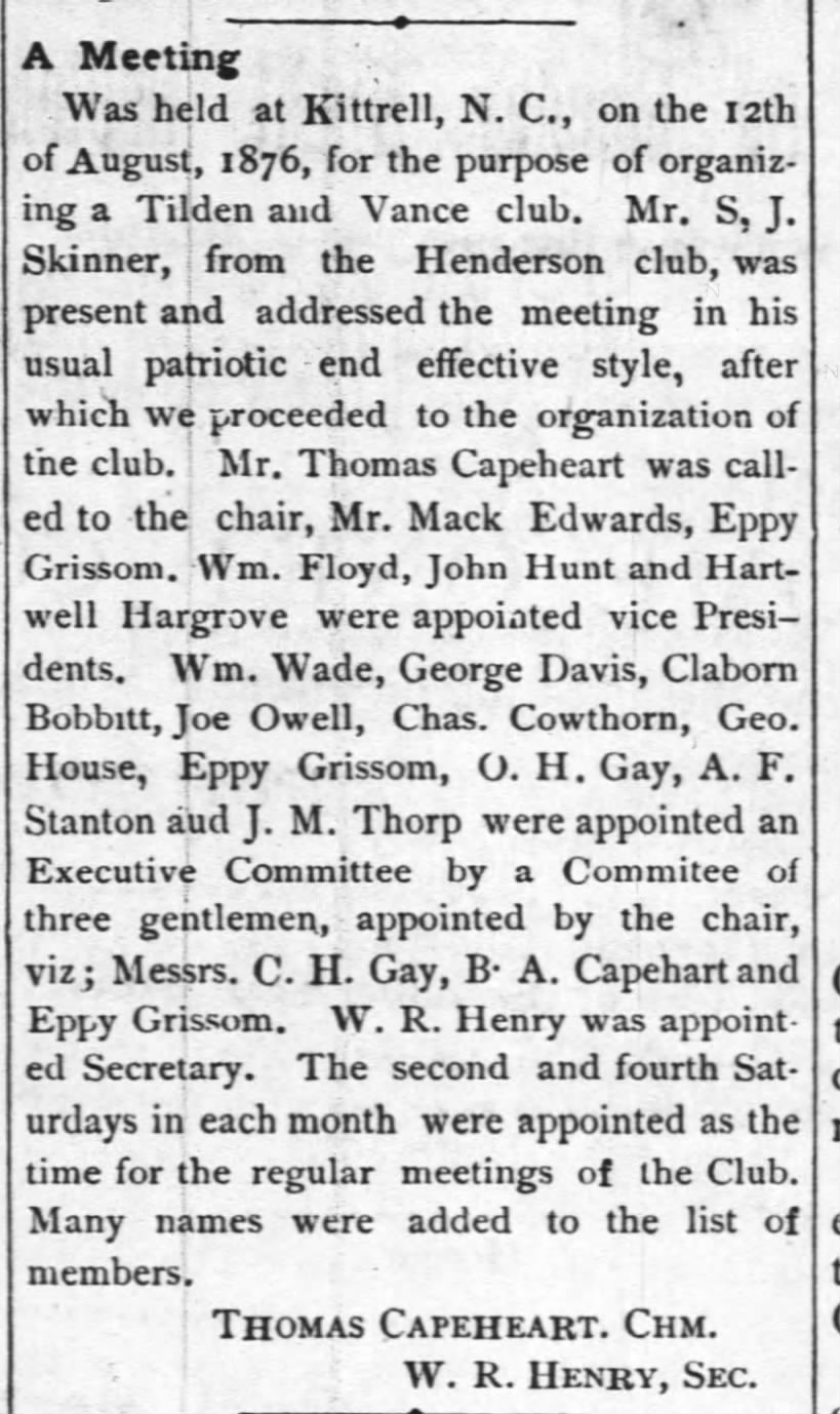 A Meeting (19 Sep 1876, The Torchlight, Oxford, NC)