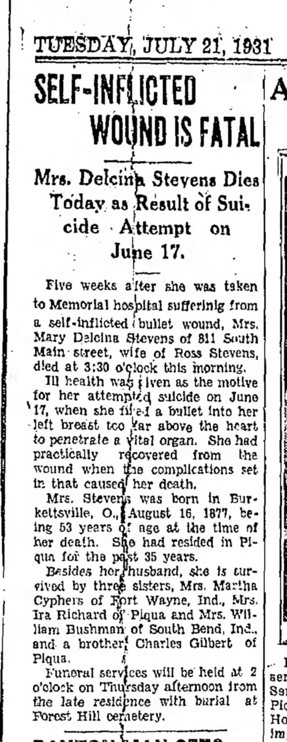 Stevens, Mary Delencia Gilbert Fatal 21 Jul 1931 Piqua Daily Call
