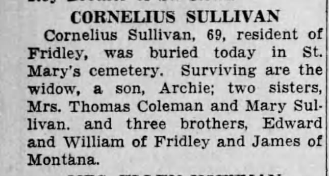 Cornelius Sullivan Obit
Mpls Star 22 Feb 1935