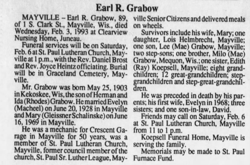 Obituary for Earl R. Grabow, 1903-1993 (Aged 89)