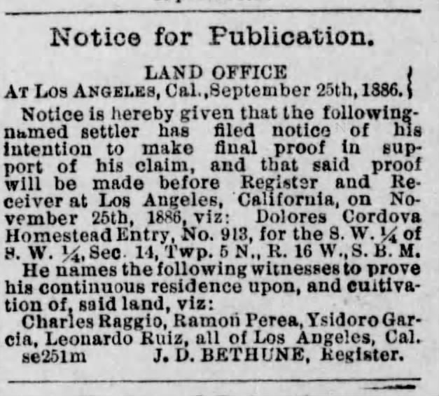 L.A. Herald 10-06-1886 Raggio, Parea, Garcia, Ruiz Homestead