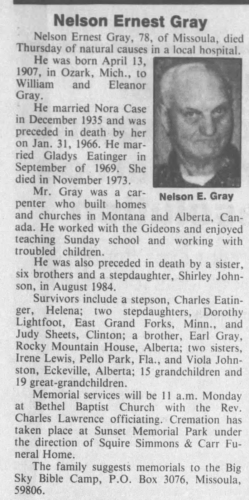 Obituary for Nelson Ernest Gray (Aged 78)