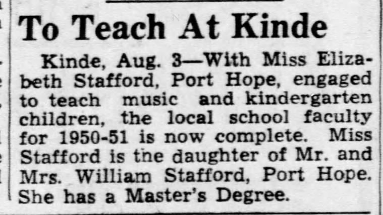 3 August 1950- Elizabeth Stafford to Teach in Kinde.