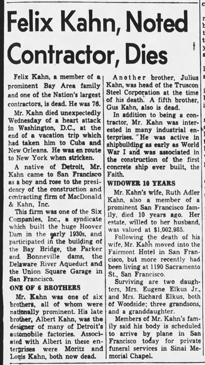 Felix Kahn obit, Oakland Tribune, June 6, 1958, page 13