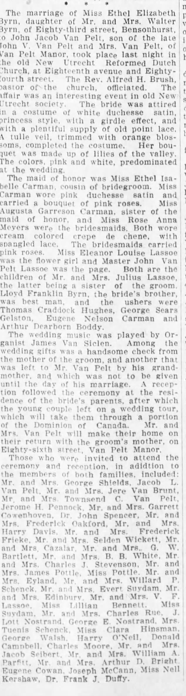Wedding of Ethel Elizabeth Byrn and John Jacob Van Pelt, June 7, 1906.
