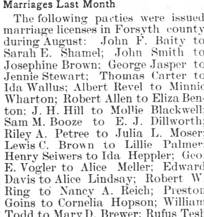 Riley A Petree marries Julia L. Moser, Aug 1889, Western Sentinel, Winston-Salem, 5 Sept 1889