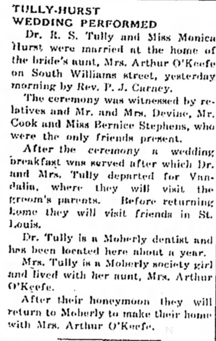 Tully-Hurst Wedding Moberly Monitor Index 18 Feb 1916