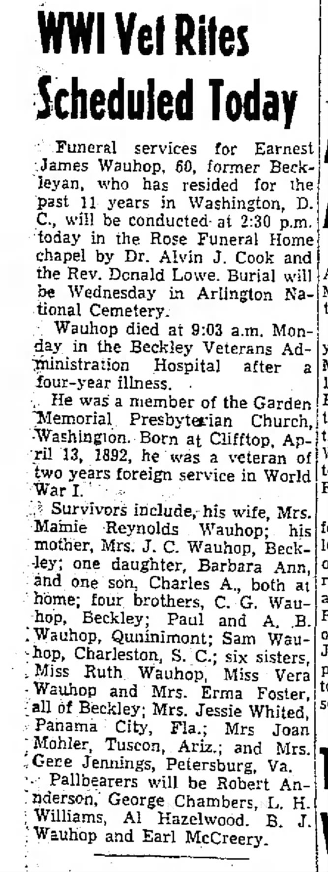 Ernest James Wauhop  August 5, 1952