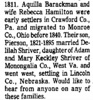 Aquilla Barackman clipping from a genealogy column in the stated newspaper.