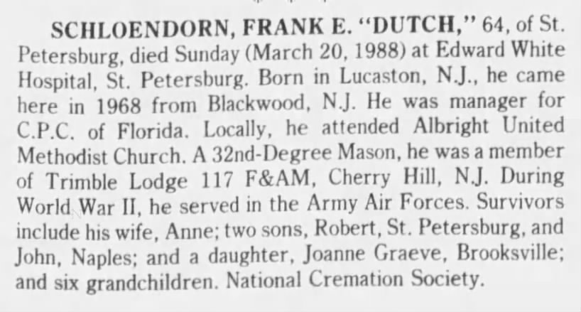 Obituary of Frank E Schloendorn-Mar 1988