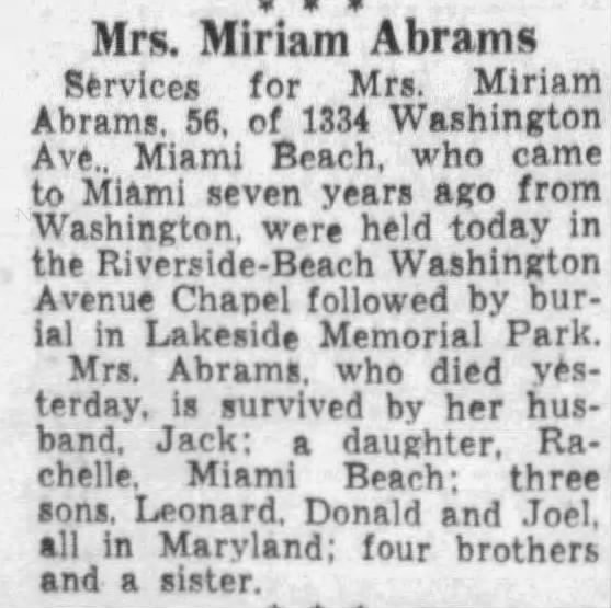 Obituary for Miriam Rosenberg Abrams in Miami News 05 May 1958 Mon